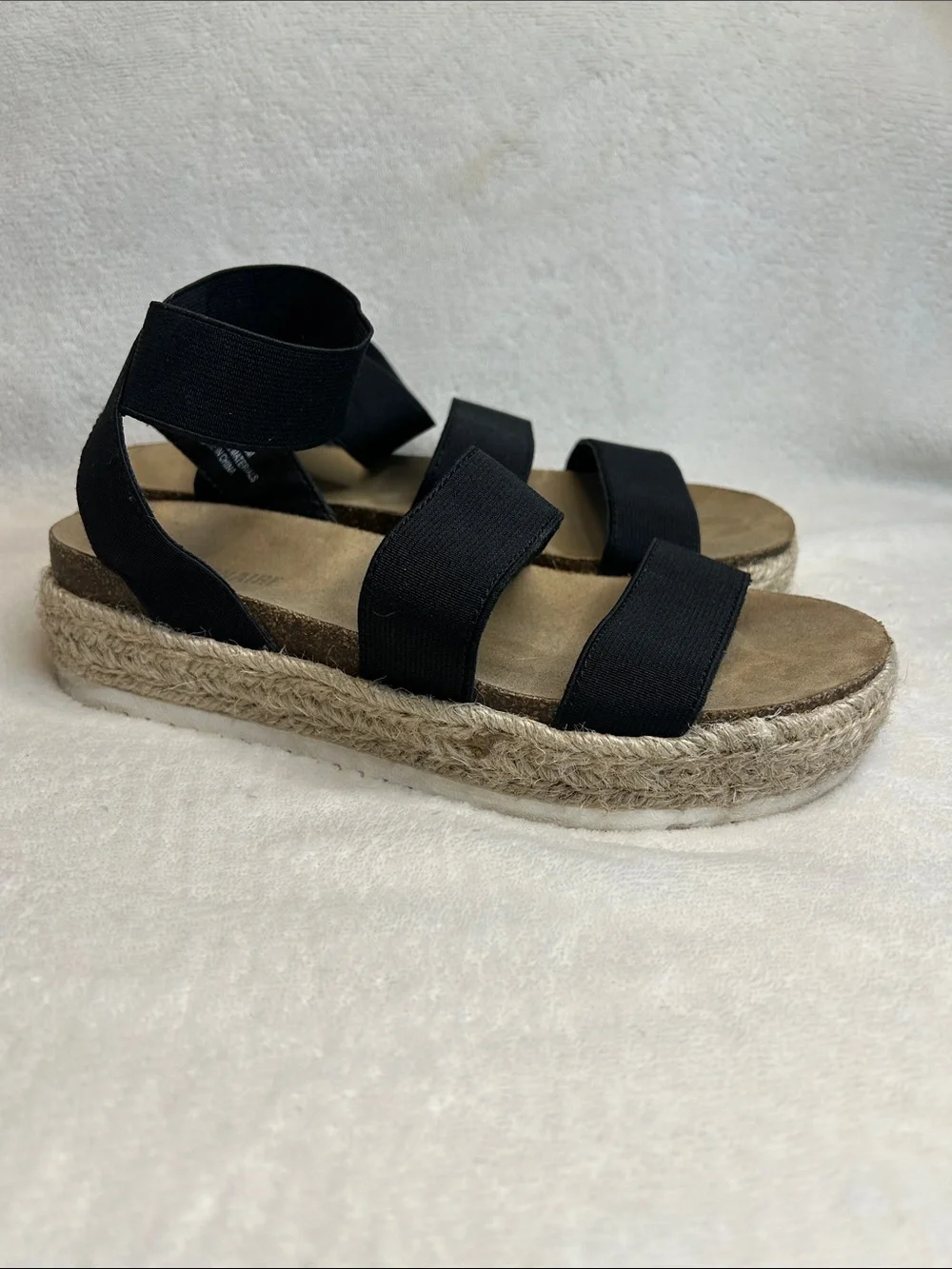 Cushionaire Mandy Black Elastic Strap Jute Espadrille Platform Sandals Women 7.5